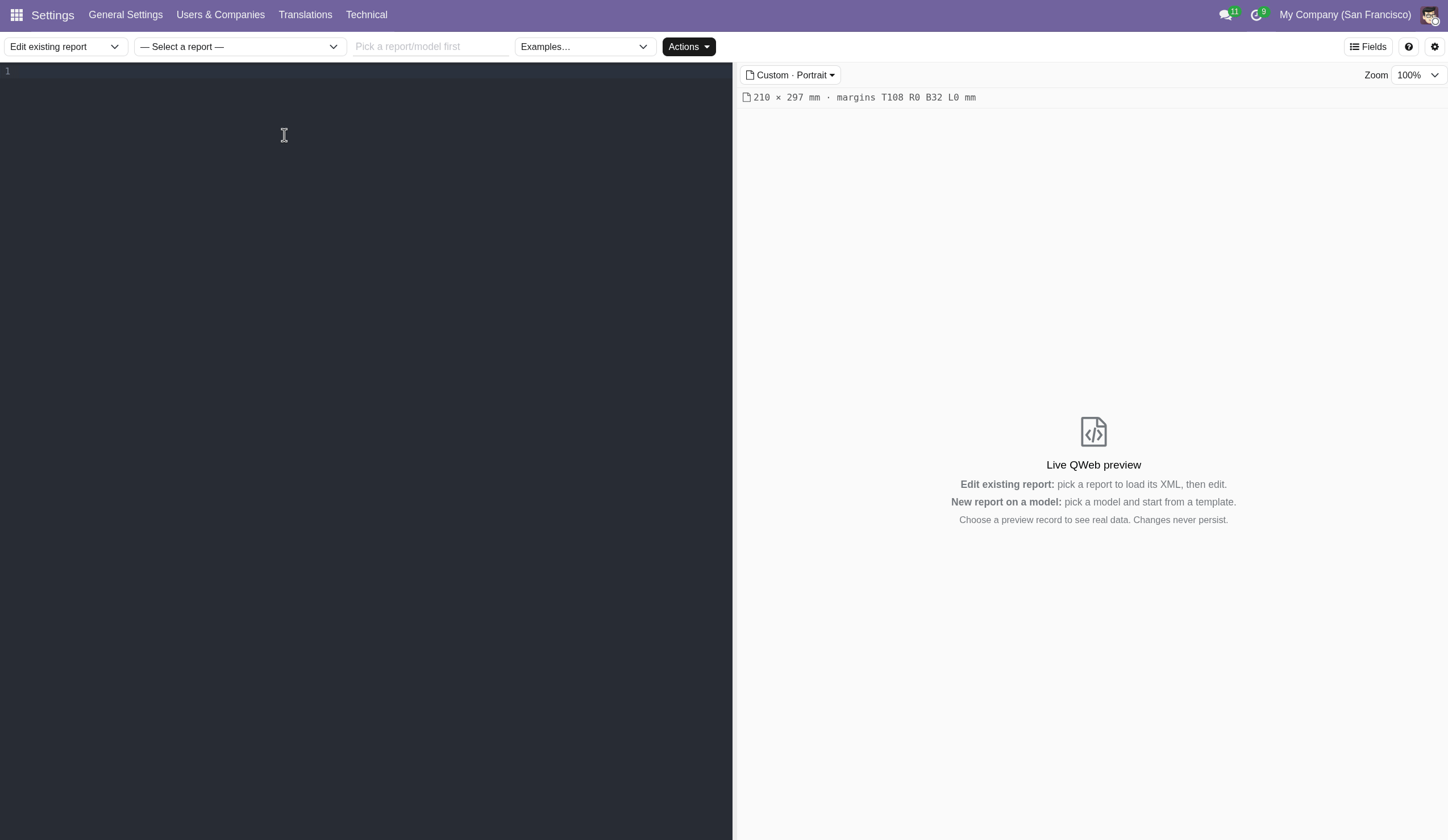 Animated demo of QWeb Live Editor: editing a report's QWeb on the left while the rendered preview updates live on the right.