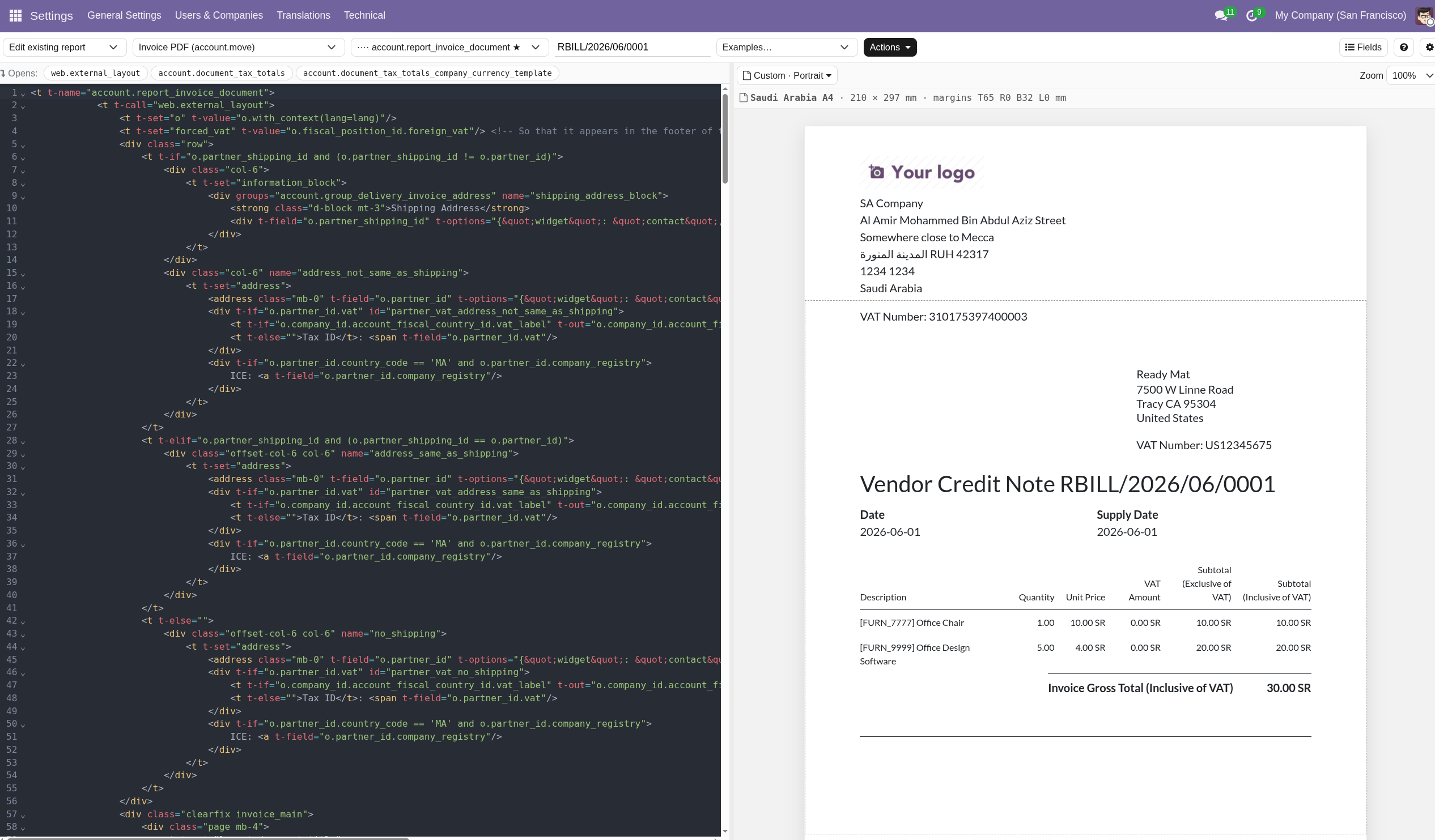 Split-pane editor with QWeb XML on the left and the live rendered report on the right.