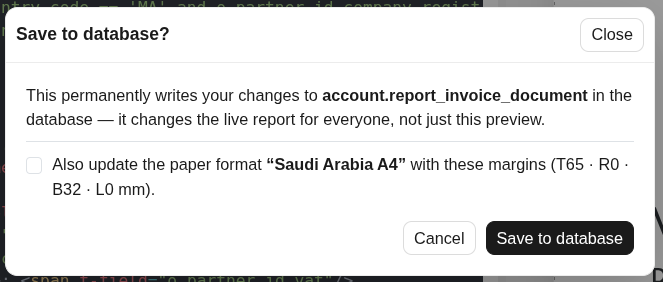 Save to DB dialog with an optional paper-format update and a shared-format warning.